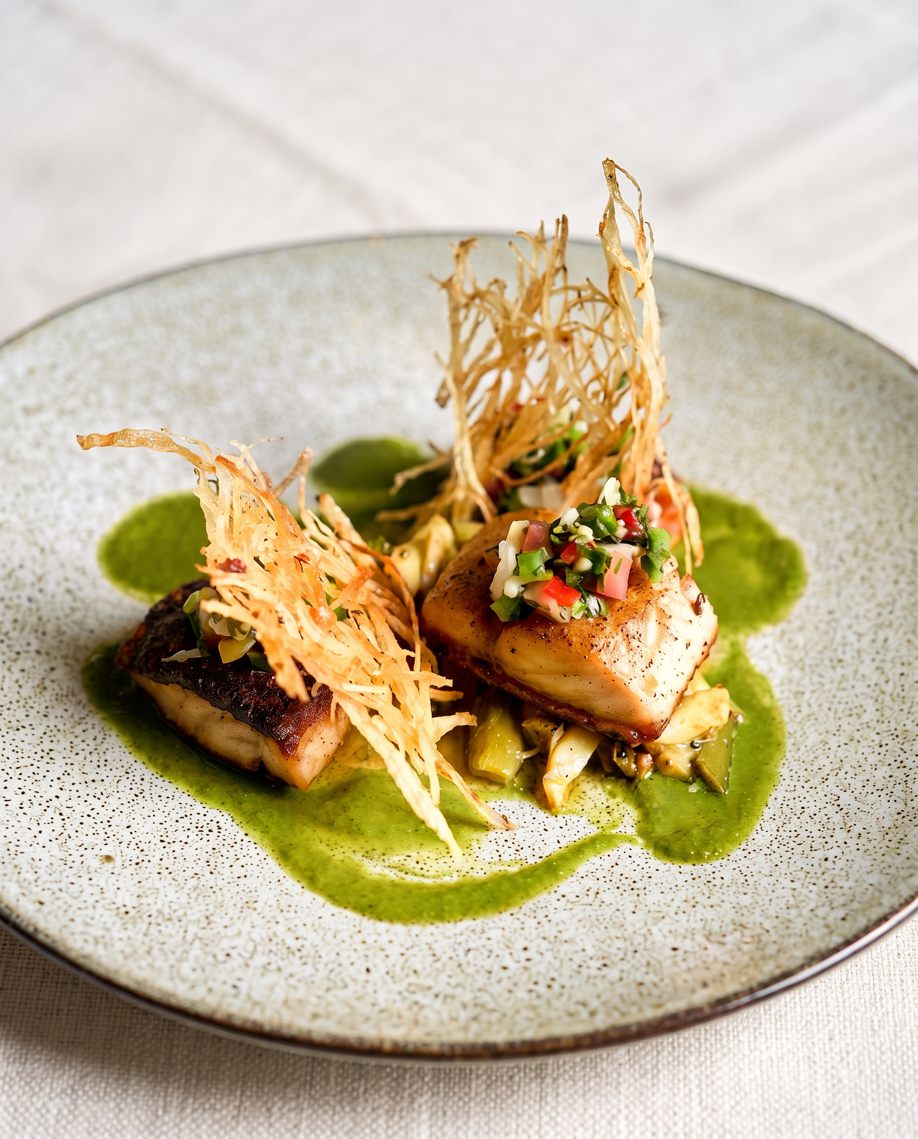Seared fish with green sauce and crisp garnishes